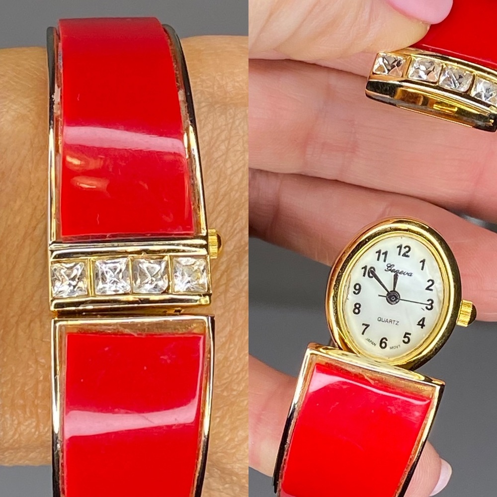 Geneva Gold and Red Hinged Cuff Bangle Bracelet Watch